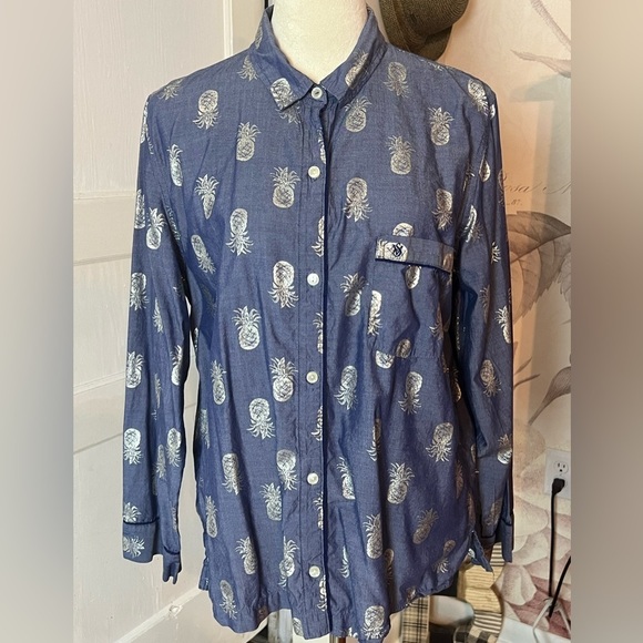 VICTORIAS SECRET PAJAMA TOP BLUE GOLD PINEAPPLES SZ MED TROPICAL METALLIC - Picture 1 of 8